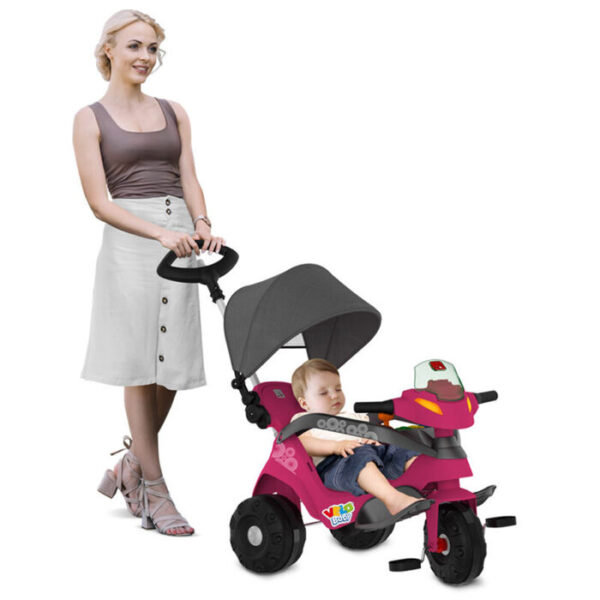 TRICICLO VELOBABY RECLINAVEL C/ CAPOTA PASSEIO E PEDAL ROSA - BANDEIRANTE - 369 - Imagem 4